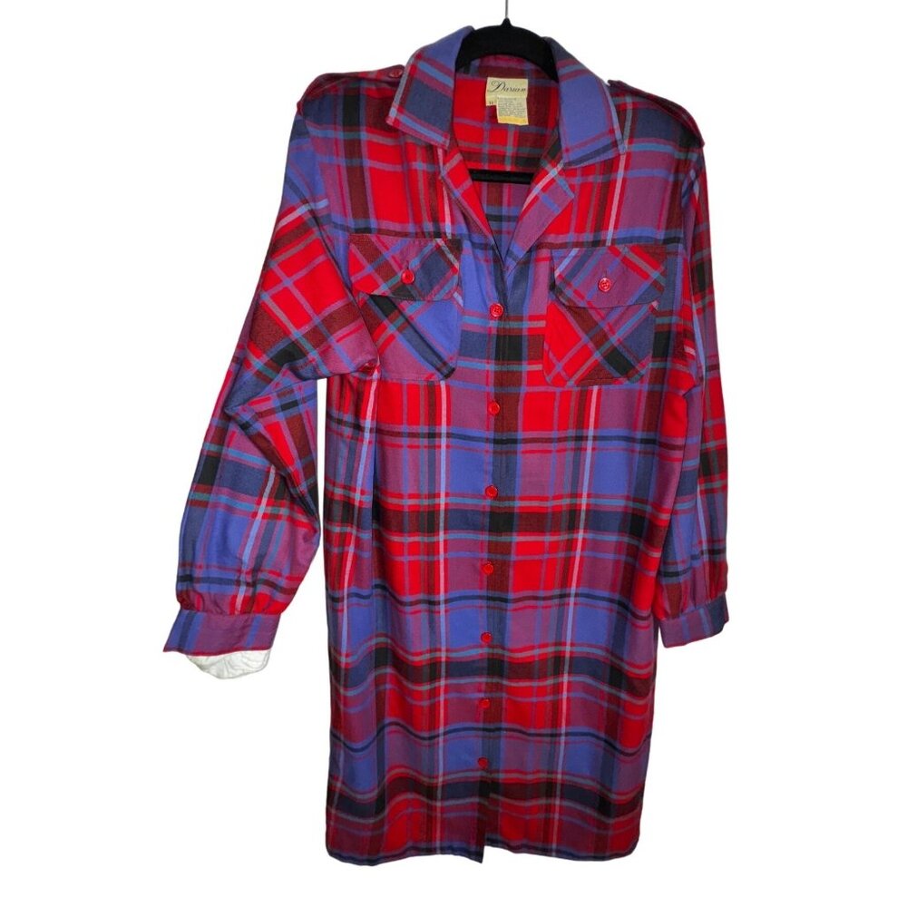 Vintage Darian Red Blue Plaid Shirt Dress Size 12 Flannel Western Cowgirl Ranch
